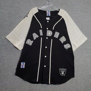 VINTAGE Oakland Raiders Men‎ Baseball Tee Jersey 2XL Black Button Up Logo DSJ 96